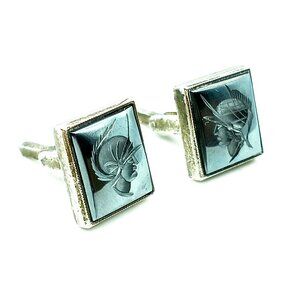 Hematite Roman Soldier Cuff Links, Trojan Spartan Carved Intaglio set in Sterlin
